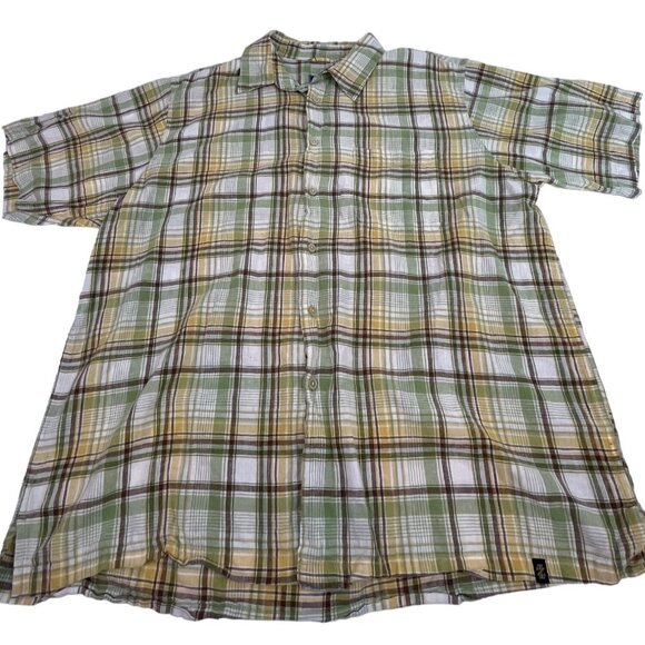 Izod Jeans Men's Button Down Shirt XL Green Yellow White Brown Plaid Linen Cotto - Picture 1 of 4
